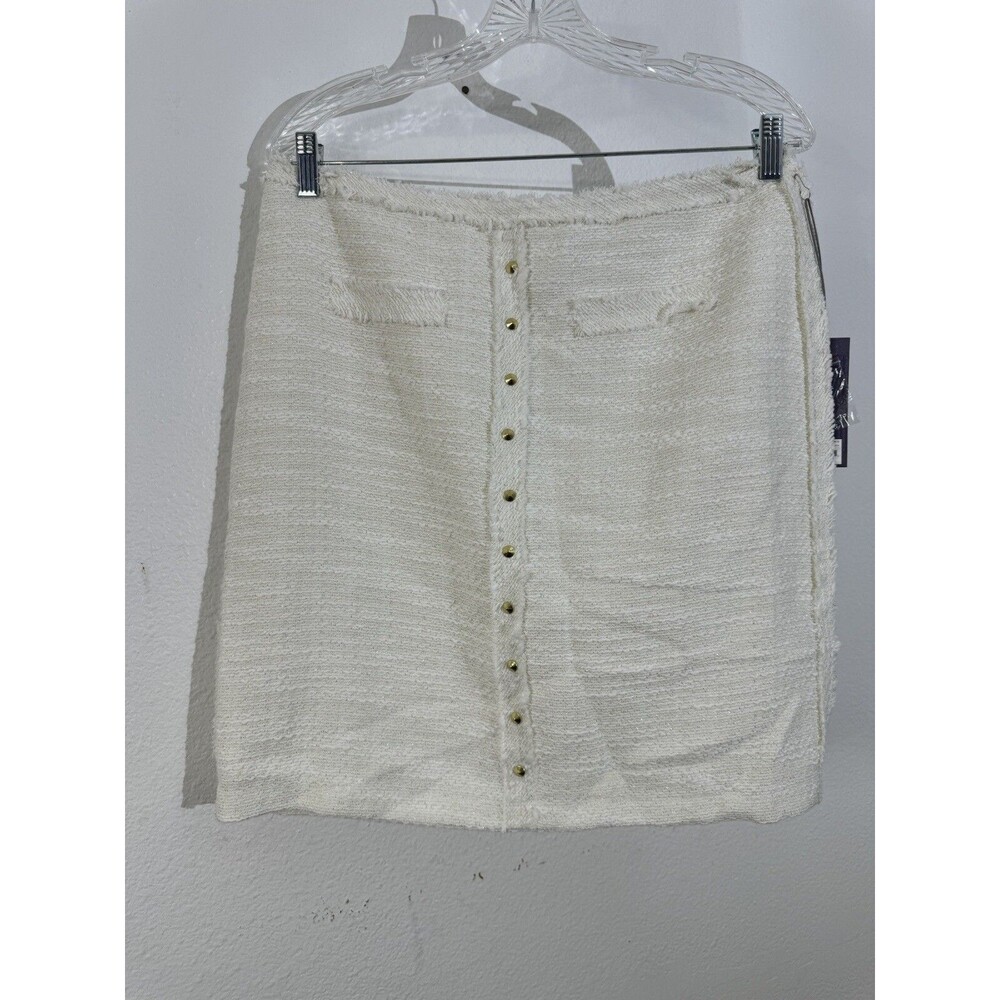 Jennifer Lopez Women's Ivory Metallic Studded Fringe Tweed Pencil Skirt Size 12 - Picture 1 of 10